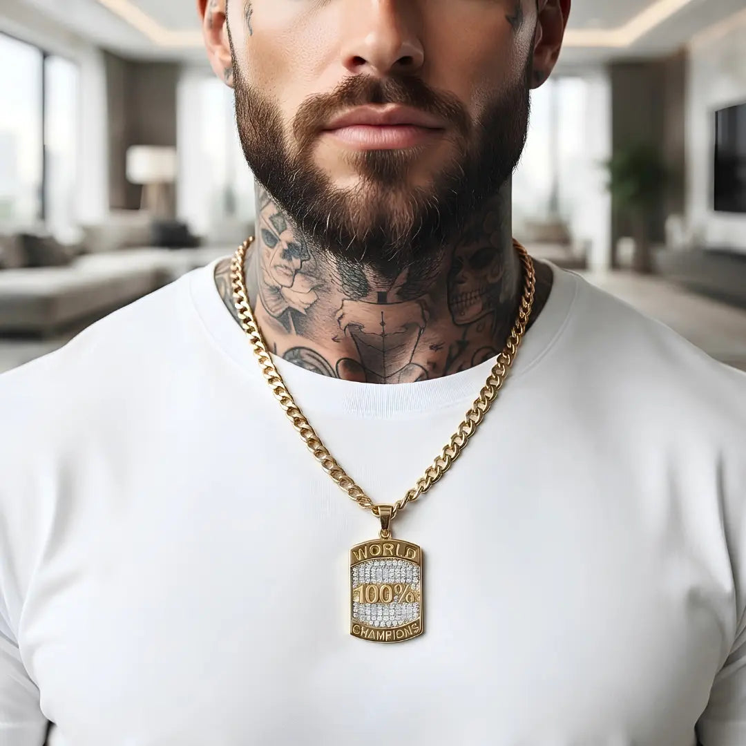 18K Gold Filled 54cm x 6mm Cuban Link Chain Necklace with World Champions Pendant – Fully Polished, Lobster Clasp